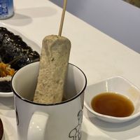 Vegan “hot bar(핫바)”, which is vegan fish cake. It does taste like fish cake. I was shocked   at Maru JaYeonSik Kimbap in Seoul