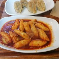 Tteokbokki and fried dumplings at Maru JaYeonSik Kimbap in Seoul