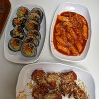 Gimbap, tteok bokki, Korean fried chick'n at Maru JaYeonSik Kimbap in Seoul