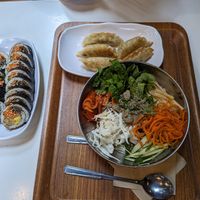 Bibim cold noodles, dumplings, fried tofu kimbap - all perfect and delicious 😋 at Maru JaYeonSik Kimbap in Seoul