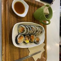 spam kimbap and vegan odeng  at Maru JaYeonSik Kimbap in Seoul