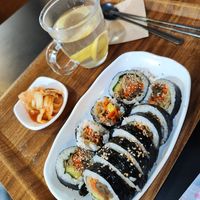 Fried tofu kimbap with hot lemon tea at Maru JaYeonSik Kimbap in Seoul