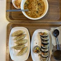 Ramen (top), fried dumplings (bottom left), fried tofu Gimbap (bottom right)  at Maru JaYeonSik Kimbap in Seoul