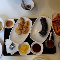 Kimbap, tteokbokki, mandu, soy chicken, and noodles at Maru JaYeonSik Kimbap in Seoul