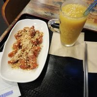 My favorite dish (vegan chicken) and sweet pumpkin sikhye 😍 at Maru JaYeonSik Kimbap in Seoul