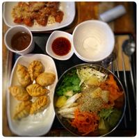Cold buckwheat noodles, fried dumplings and seitan chicken. Yummy! at Maru JaYeonSik Kimbap in Seoul