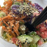Poke Bowl, sushi rice, tofu, edamame, teriyaki sauce, pickled ginger, scallions, cabbage, cashews, sesame seeds cucumbers and mango!! at Pokemoto in Norwalk