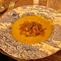 Carrot soup with crispy jerusalem artichokes at Brasserie Uno in Zermatt
