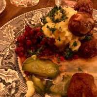 Vegan meatballs, mashed potatoes and lignon berries (partially eaten. (ooops) at Brasserie Uno in Zermatt