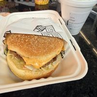 Vegan burger with vegan cheddar.  Vegan vanilla shake to dip some fries 🤤  at Big Bun Drive In in Boise