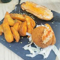 Hummus toast and falafel at La Buena Vida in Granada
