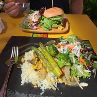 Akki stir fry and black bean burger   at Cafe Roots-N-Kulchah in St Croix