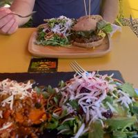 Stuffed sweet potato with chili and burger  at Cafe Roots-N-Kulchah in St Croix