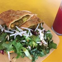 Veggie-filled pockets, salad and blackberry-ginger juice  at Cafe Roots-N-Kulchah in St Croix