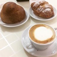 "Brioscia" leccese. Cornetto alla crema vegano, cappuccino di soya. at Bar Royal in Trepuzzi