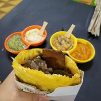 vegan arepa with sauces at Zea Maiz in Cali