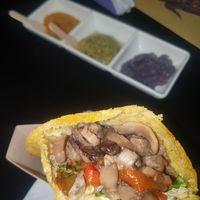 Vegan arepa "grande" with mushrooms, lentils, tofu.... and 3 sauces. at Zea Maiz in Cali