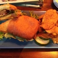 Vegan burger with chips at Bit Bar in Salem