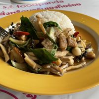 Stir fried vegan pork, duck and chicken, 40 baht  at Raan J Koh in Loei