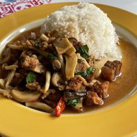 Fried vegan crispy pork with basil, 40 baht  at Raan J Koh in Loei