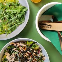 Ravioli and poke bowl with lemonade at Veganda in Warsaw