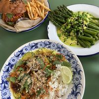 Curry and asparagus with yellow zucchini sauce   at Veganda in Warsaw