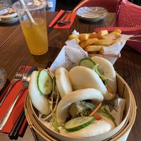Fried tofu bao buns with teriyaki sauce + chips + vegan bubble tea  at Umai Mi in Newcastle Upon Tyne