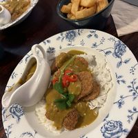 Vegan Quorn Nugget Curry Katsu with extra curry sauce and a side of chips.   at The Admiral Byng in Potters Bar