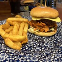 BBQ Jackfruit Burger which includes a beyond meat patty and vegan cheese in addition to the jackfruit.  at The Admiral Byng in Potters Bar