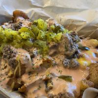 Big Mac Animal Fries with impossible crumbles and pickles.  Sloppy and amazing!  at VegOut in Bethlehem