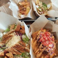 2 kinds of pierogies at top, Caesar salad with chicken, loaded mac & cheese with spicy taco meat at VegOut in Bethlehem