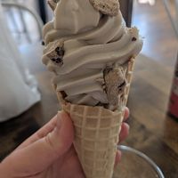Vanilla soft serve in a waffle cone with cookie dough chunks at VegOut in Bethlehem