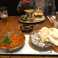 Curry with rice and poppadom and burger with fries and salad at The White Hart Country Inn in Hawes