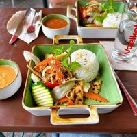 Fried tofu with peanut sauce   at Vegan Village in Hannover