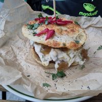Pierogburger (mega leckerer Burger ohne Brötchen, sondern mit Kartoffelknödel/-puffer) at House of Seitan in Gdansk