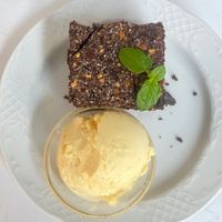 Chocolate brownie and vegan vanilla ice cream at Govindas in Tenerife