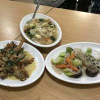 Deep fried butter oyster mushroom, Cantonese Fried Yin Yeong, Lotus toot mixed vegetable   at Happy Sambodi Vege Restaurant in Kuala Lumpur