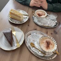 cappuccino with almond milk & gluten-free cakes on lovely vintage dishes (:  at Grüner Salon in Vienna