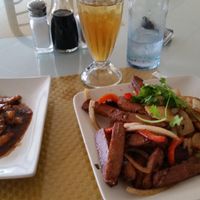 steak and potatoes with a side of yam shrimp at Loving Hut in Phoenix
