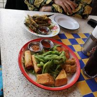 Mixed sharing platter starter and Okra fries at Zaap Thai Street Food in Leeds