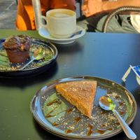Almond cake, peanut brownie and soy milk coffee  at Bistro Doudou in Bar-le-duc