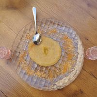 Dessert served free from kitchen  at Peskesi in Crete