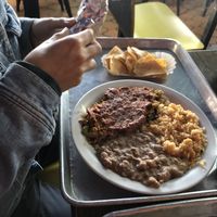tofu scramble topped with jackfruit and rice & beans  at Garduno's Taco King in Baldwin Park