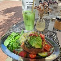 Avo on toast with pesto, matcha late at Mama Carmen's in Mallorca
