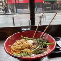Vegan ramen w miso broth (Flying Vegan Harvest)  at JINYA Ramen Bar in Vancouver