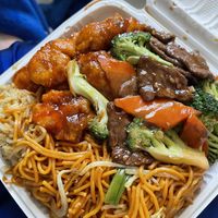 Chow mein, fried rice, orange chicken, beef & broccoli   at Pots N Woks in Whittier