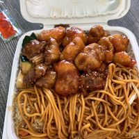 Vegan mushroom chicken, orange chicken, vegan fried rice and vegan chow mein  at Pots N Woks in Whittier