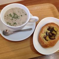 Mushroom soup and mushroom, lotus and sweet potato gratin  at Pain de BRUN in Tokyo