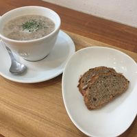 Mushroom soup with toast at Pain de BRUN in Tokyo