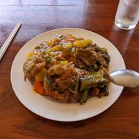 Rice with 3 toppings, 45 baht at Chew Xin Jai in Pai